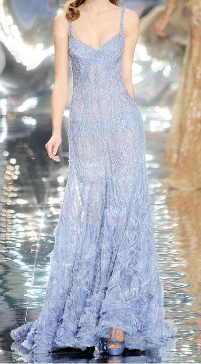Gorgeous Blue Spaghetti Straps Tulle Sequin Beaded Mermaid Long Prom Dress Evening Gown