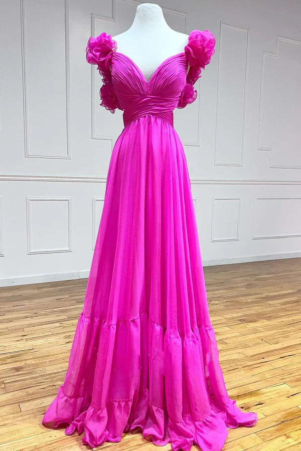 omberprom Fashion Lace-Up Fuchsia Evening Dress V-Neck Ruffle Pleated Long Prom Dress