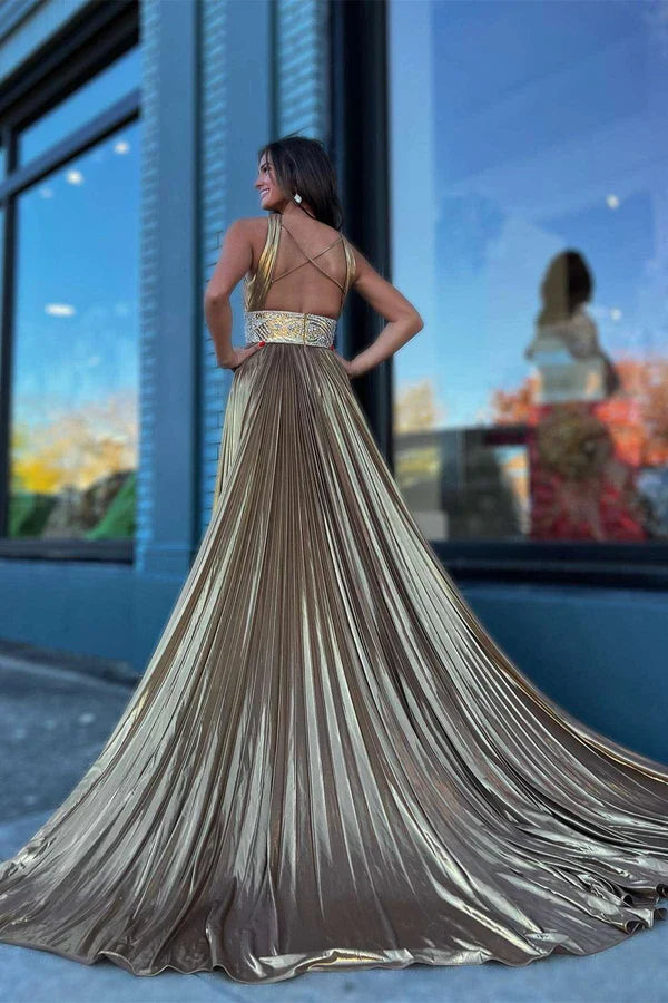 omberprom Fashion Pleated Evening Dress Criss Cross Straps Metallic Long Prom Dress