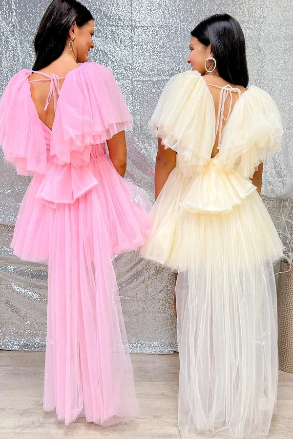 omberprom A-line Elegant Graduation Dresses Plunging V Neck Tulle Homecoming Dress