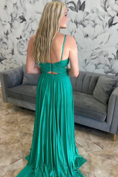 omberprom Elegant Emerald Green Prom Dresses Pleated A-Line Formal Dress