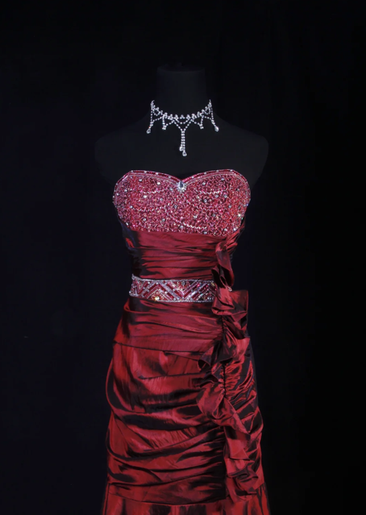 Elegant Strapless Satin Beaded Party Dress Burgundy Mermaid Long Prom Gown