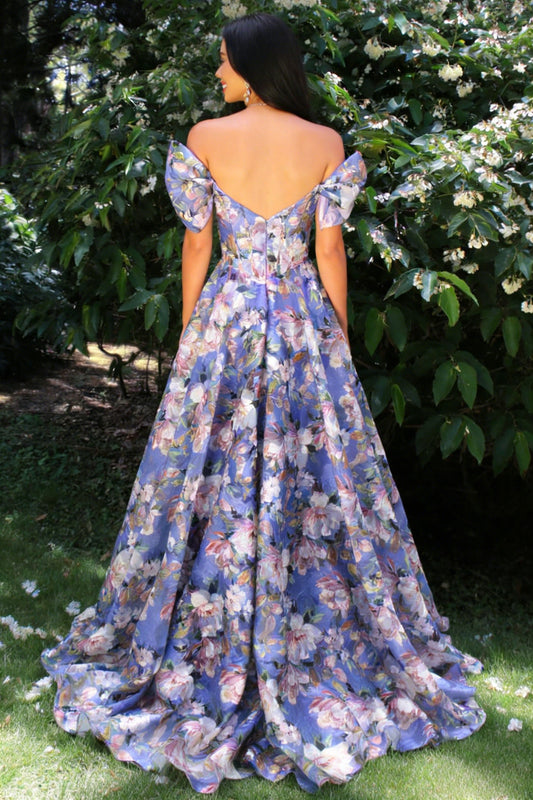 Floral Off-Shoulder Corset Prom Dress with Puff Sleeves and Full A-Line Skirt