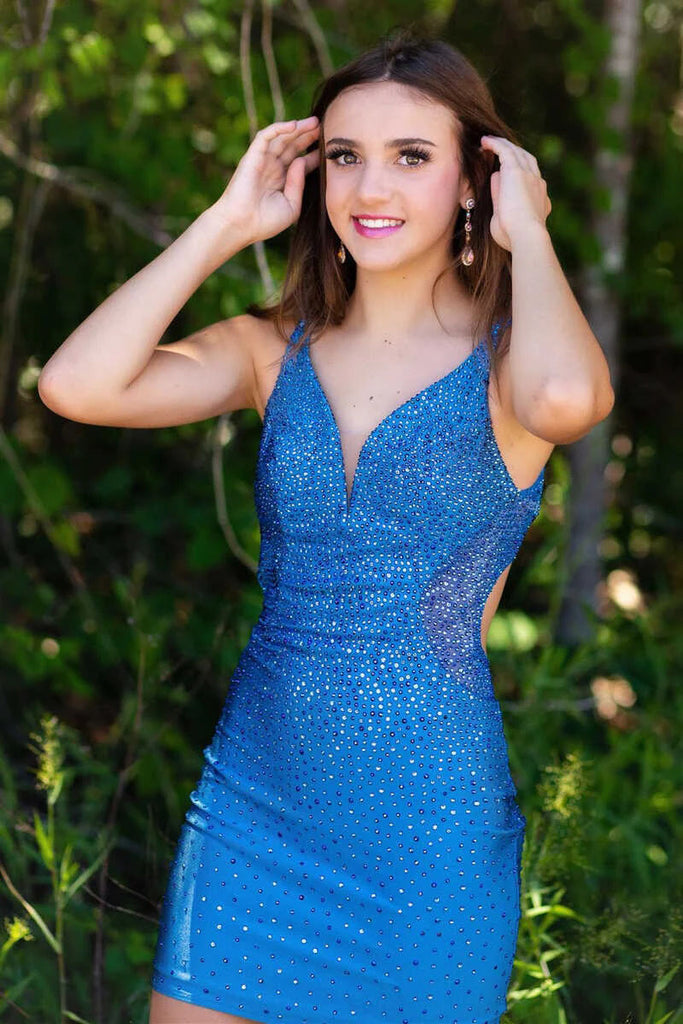 Fuscia Straps Sheath Mini Homecoing Dress, Sparkly Sleeveless Bodycon Dress