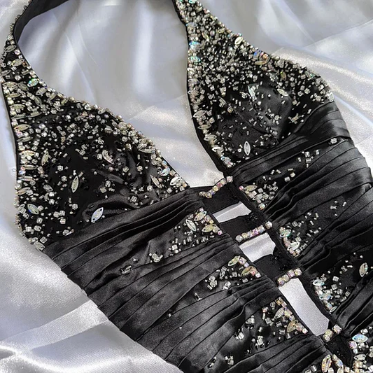 Stylish Black Satin Beaded Mermaid Long Evening Dress Birthday Party Dress Y9771