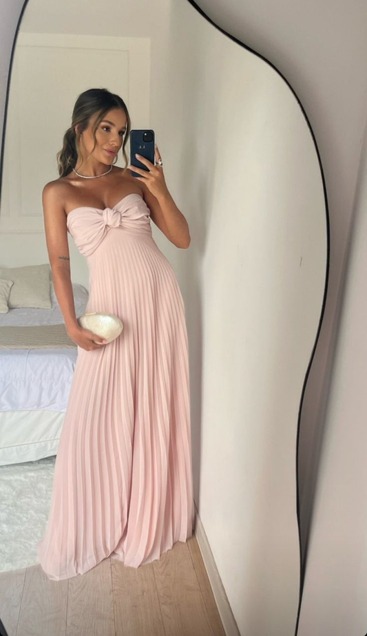 Cute Pink Chiffon Strapless A Line Long Prom Dress Pleated Party Gown cc1999
