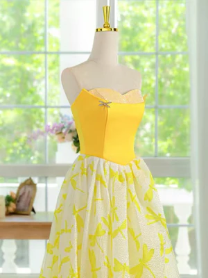 Elegant Strapless Yellow Lace Floral Long Prom Dresses, Floral Formal Evening Dresses GG024