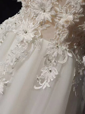 Delicate A Line Off the Shoulder White Lace Prom Dresses, White Lace Formal Evening Dresses GG018