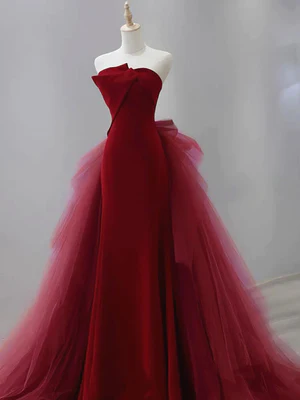 Elegant Strapless Burgundy Mermaid Long Prom Dresses, Wine Red Mermaid Long Formal Evening Dresses GG025
