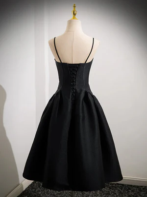 Simple A Line Spaghetti Straps Black Satin Short Prom Dresses, Short Black Homecoming Dresses GG034