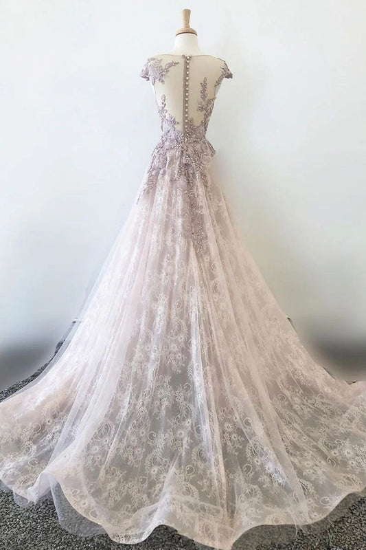 New Unique A Line Sheer Straps Beaded Tulle Lace Long Prom Dress GG042