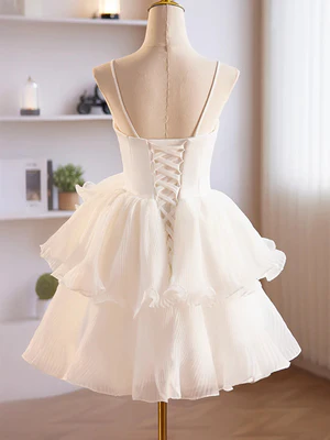 New Cute A Line Spaghetti Straps Sweetheart Neck Layered White Chiffon Prom Dresses, Short White Homecoming Dresses GG049