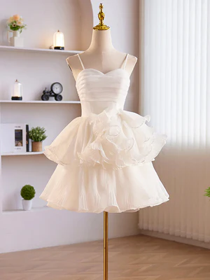 New Cute A Line Spaghetti Straps Sweetheart Neck Layered White Chiffon Prom Dresses, Short White Homecoming Dresses GG049