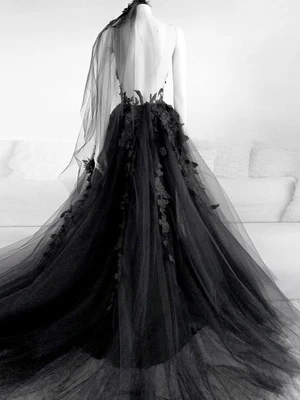 New A Line Black V Neck Backless Lace Prom Dresses, Open Back Black Lace Formal Graduation Dresses GG050