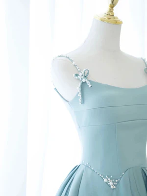 New Elegant A Line Spaghetti Straps Light Blue Beaded Long Prom Dresses, Long Blue Beaded Formal Evening Dresses GG069