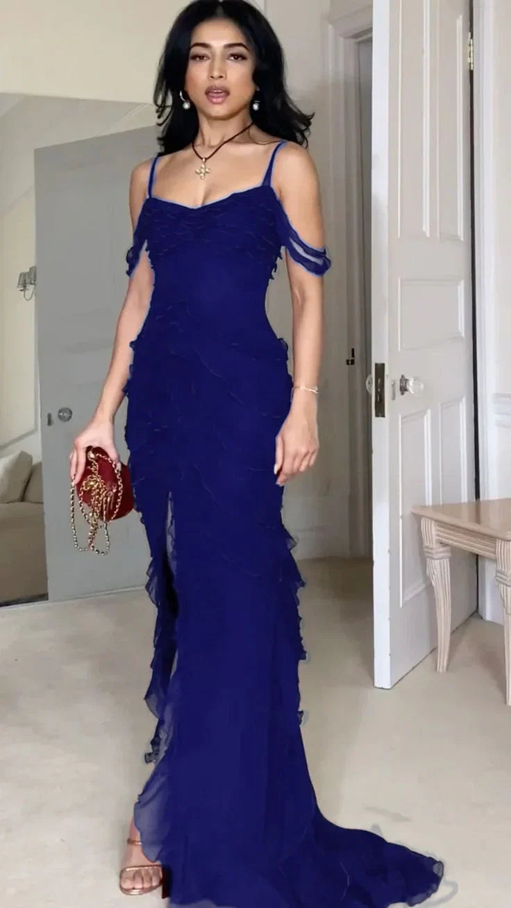 Sexy Mermaid Spaghetti Straps Off The Shoulder Chiffon Slit Long Prom Dress,Evening Dress GG1064