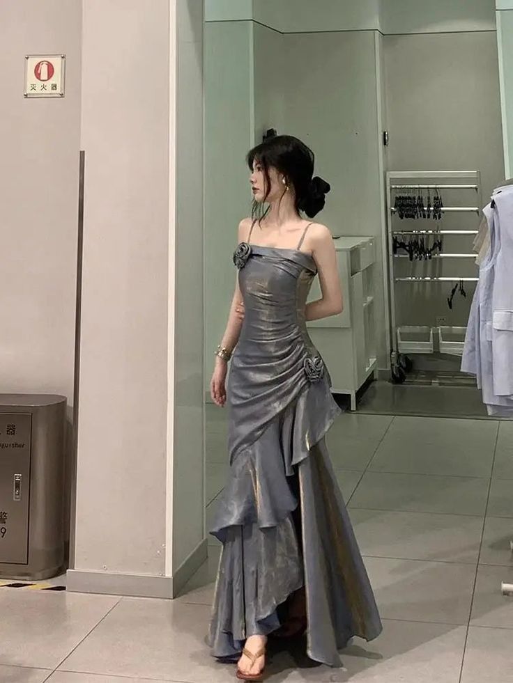 Chic A Line Spaghetti Straps High Low Silver Gray Chiffon Long Prom Dress,Evening Dress GG1086