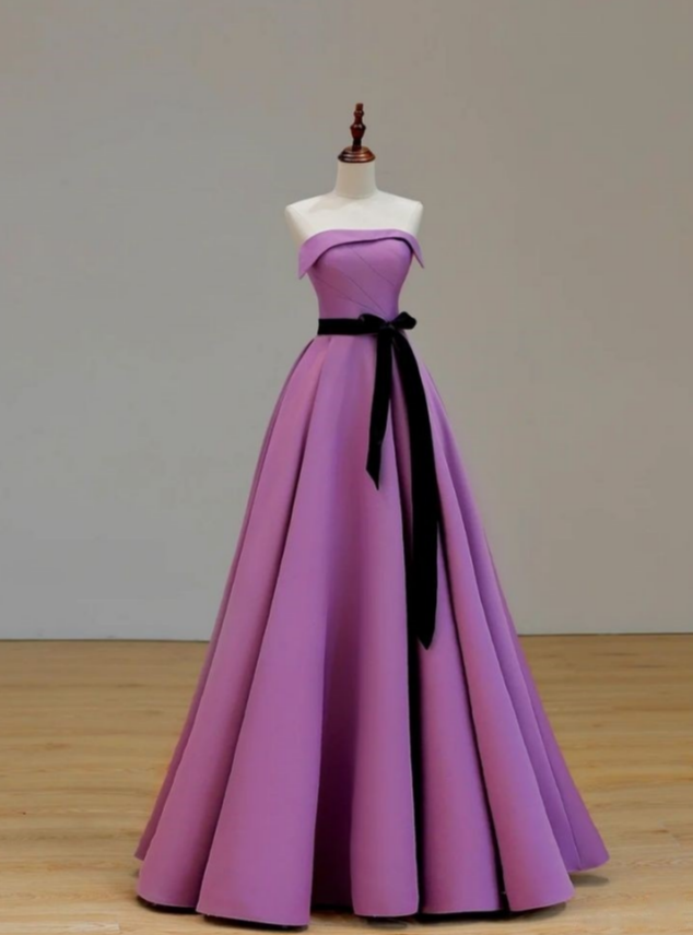 Elegant A Line Strapless Satin With Black Bow Belt Long Prom Dress,Evening Dress GG1267
