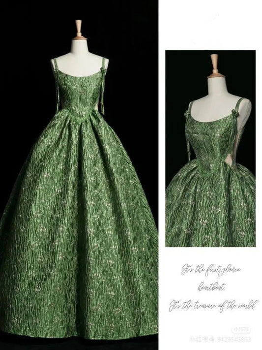 Beautiful A Line Spaghetti Straps Green Satin Long Prom Dresses,Evening Dresses GG142