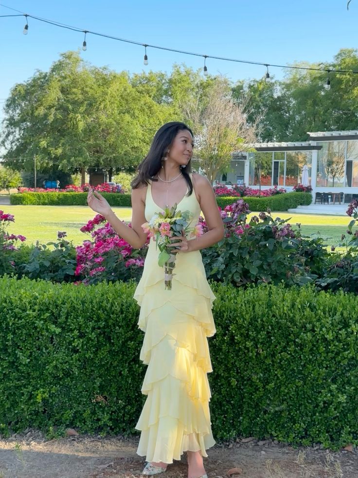 Elegant A Line V Neck Pastel Yellow Chiffon Tiered Long Prom Dress,Evening Dress GG1457
