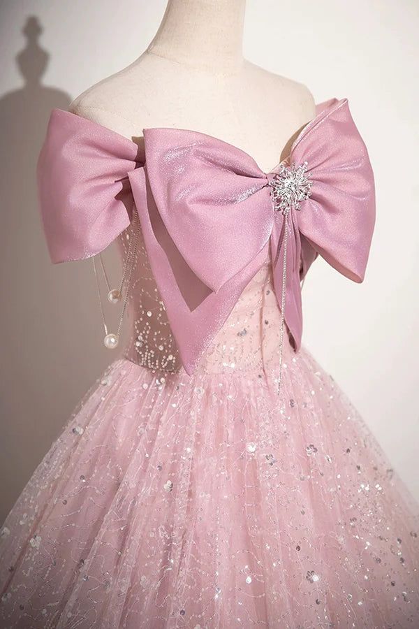 Elegant A Line Off The Shoulder Pink Bow Tulle Sequins Long Prom Dress,Evening Dresses GG155