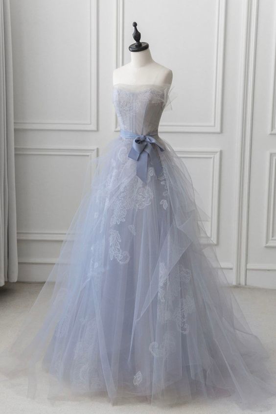 Elegant A Line Strapless Lavender Tulle Bow BeltLong Prom Dress, Evening Dresses GG157