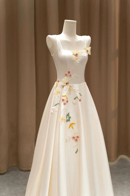 Elegant A Line Light Lvory Square Satin Long Prom Dress With 3D Flowers, Evening Dresses GG160