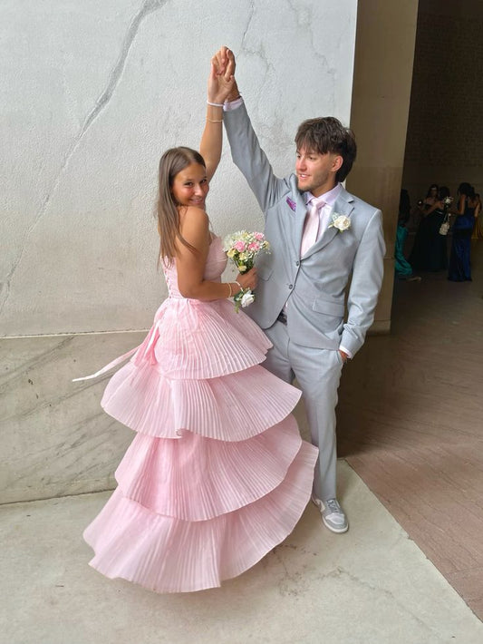 Charming A Line Strapless Pink Chiffon Tiered Long Prom Dress,Evening Dress GG1616