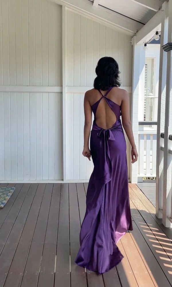 Charming Mermaid Halter Straps Purple Satin Backless Long Prom Dress,Evening Dress GG1691