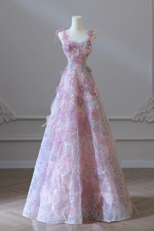 Gorgeous A Line Spaghetti Straps Sequin Long Prom Dress with Flowers, Sparkly Formal Gown Long Evening Dresses GG171