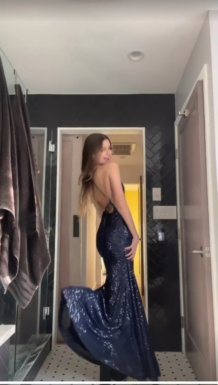 Glitter A Line Spaghetti Straps Navy Satin Sequin Slit Long Prom Dress,Evening Dress GG1740