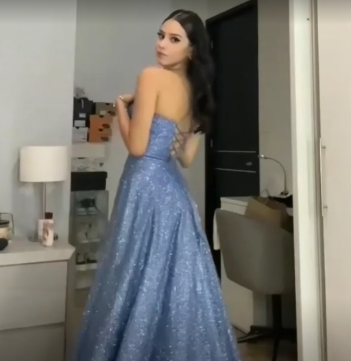 Shiny A Line Spaghetti Straps Sky Blue Satin Sequin Slit Long Prom Dress,Evening Dress GG1741