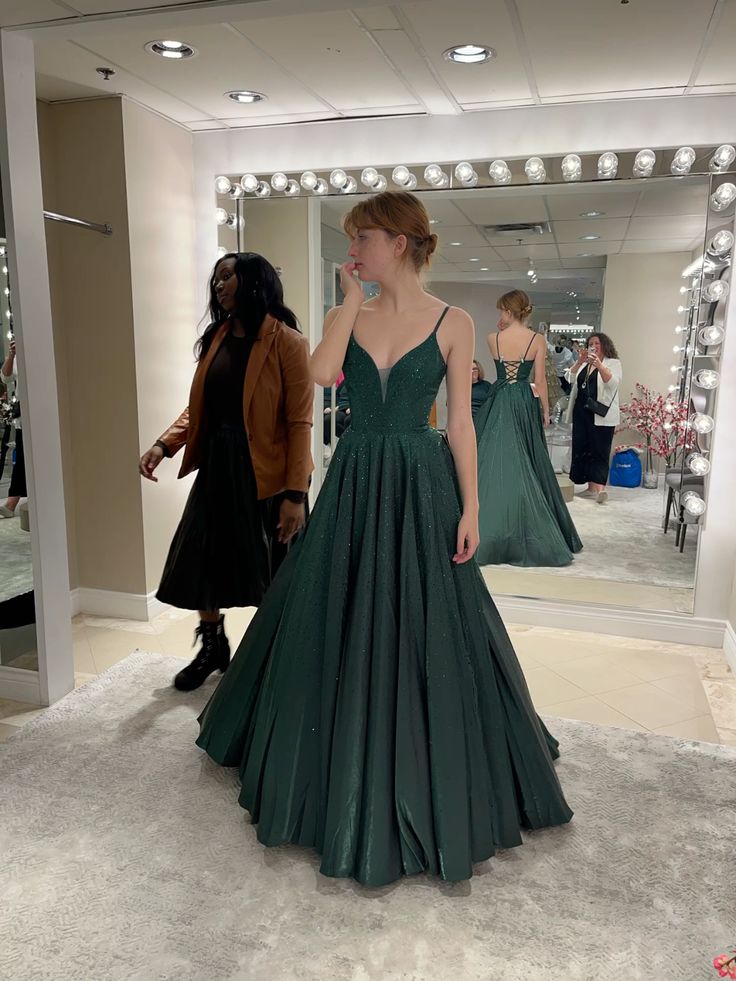 Glitter A Line Spaghetti Straps V Neck Dark Green Satin Sequin Long Prom Dress,Evening Dress GG1744