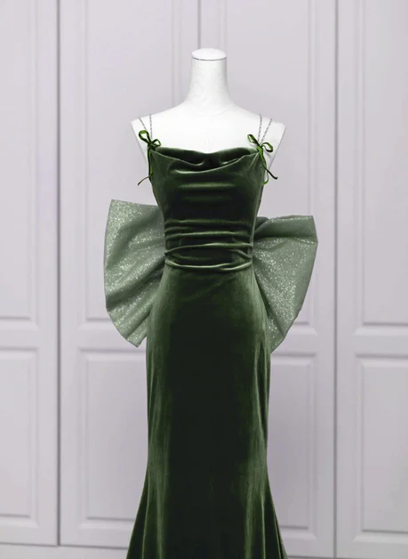 Elegant A Line Spaghetti Straps Green Velvet Low Back Bow,Long Prom Dress, Evening Dress GG194
