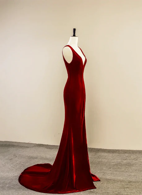 Sexy A Line V Neckline Wine Red Velvet Slit Long Prom Dress, Evening Dress GG196
