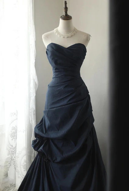 Elegant A Line Sweetheart Strapless Navy Blue Vintage Style Taffeta Long Prom Dress, Evening Dress GG197