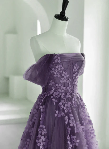 Delicate A Line Off The Shoulder Purple Tulle with Lace Formal Dress, Long Prom Dress, Evening Dress GG201