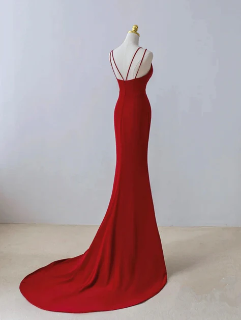 Pretty Red Mermaid Spaghetti Straps Split Long Sweep Prom Dress, Evening Dress GG208