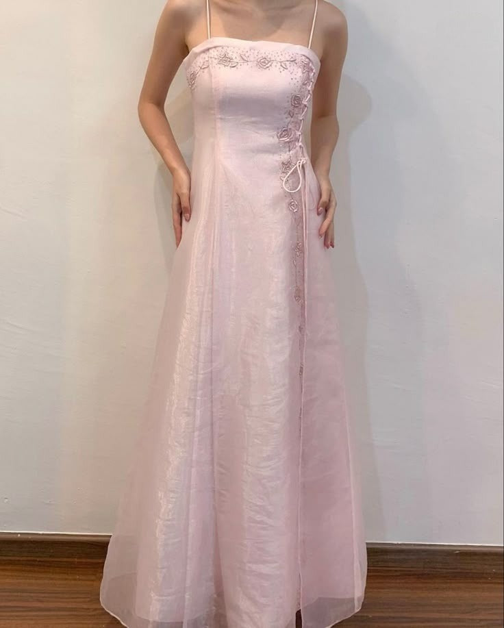 Elegant A Line Spaghetti Straps Pink Satin Chiffon Long Prom Dress,Evening Dress GG2092