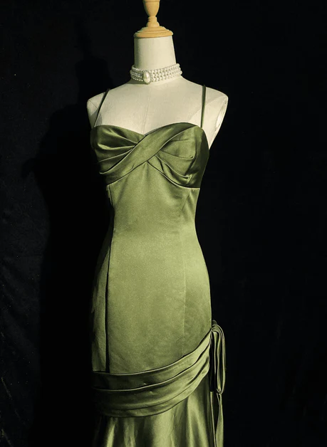 Elegant A Line Spaghetti Straps Green Satin Sweetheart Long Prom Dress, Evening Dress GG209