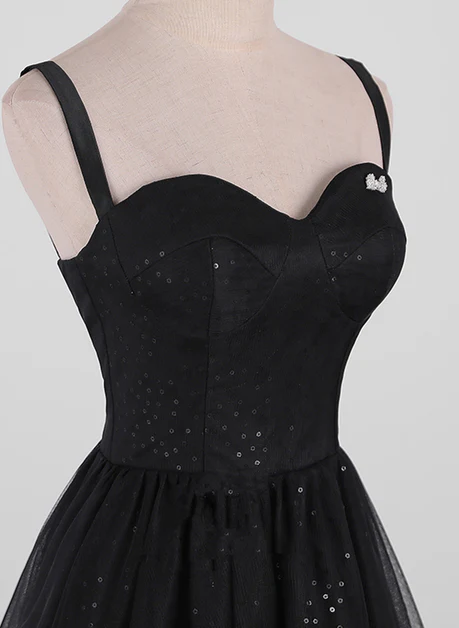 Delicate Black A Line Sweetheart Straps Sequin Tulle Simple Long Prom Dress, Evening Dresses GG214