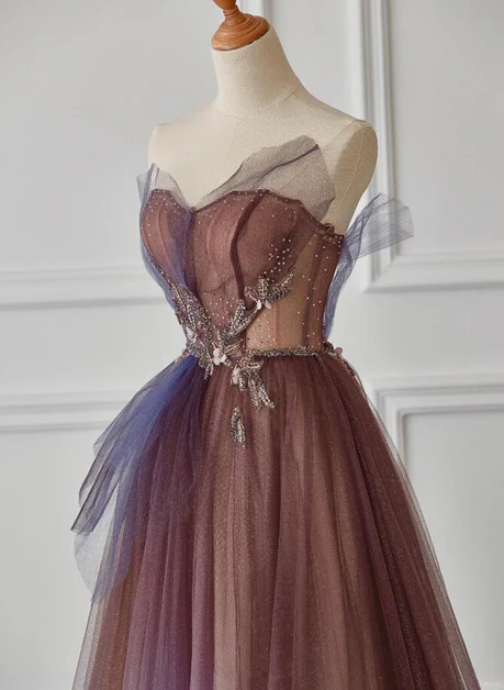 Delicate A Line Strapless Sweetheart Purple Gradient Tulle Beaded Long Prom Dress, Evening Dresses GG215