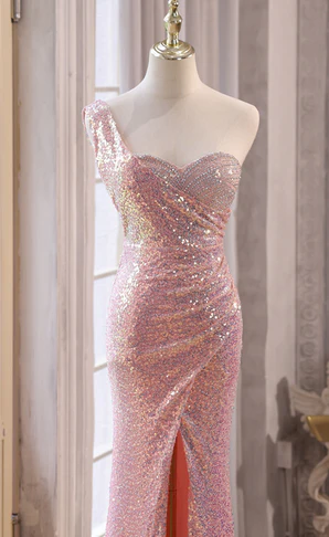 Delicate Mermaid One Shoulder Sweetheart Pink Sequins Split Long Prom Dress, Evening Dresses GG216