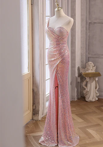 Delicate Mermaid One Shoulder Sweetheart Pink Sequins Split Long Prom Dress, Evening Dresses GG216