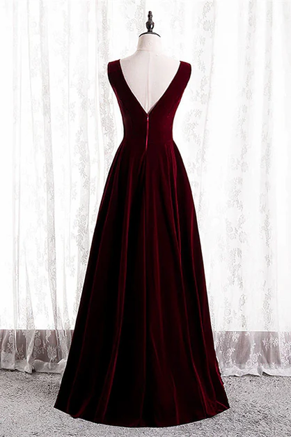 Elegant A Line V Neckline Wine Red Velvet Simple Long Prom Dresses,Evening Dress GG231