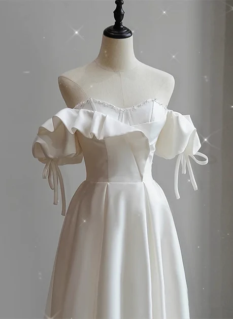 Elegant A Line White Satin Off The Shoulder Beaded Sweetheart Long Prom Dresses,Evening Dress GG232