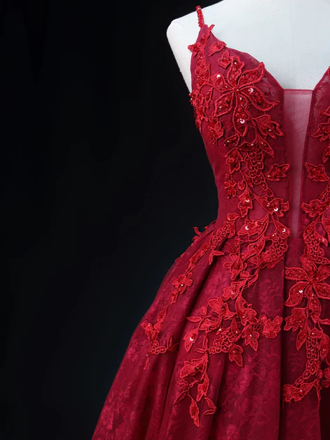 Elegant A Line V Neckline Spaghetti Straps Wine Red Lace Applique Long Prom Dress,Evening Dress GG239