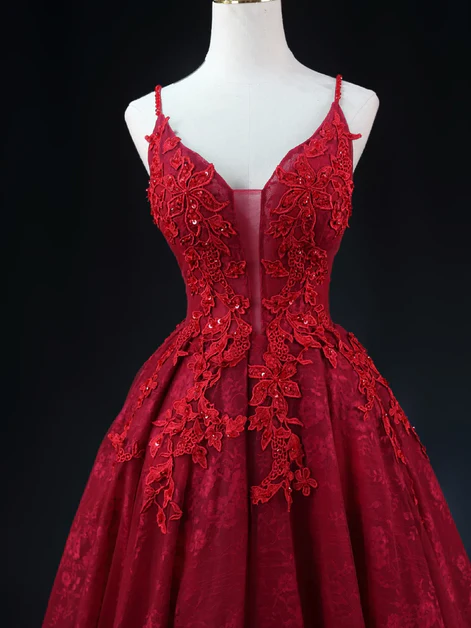 Elegant A Line V Neckline Spaghetti Straps Wine Red Lace Applique Long Prom Dress,Evening Dress GG239