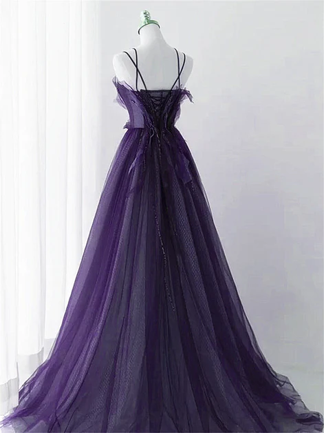 Chic A Line Spaghetti Straps Purple Tulle with Lace Applique Long Prom Dress, Evening Dress GG244