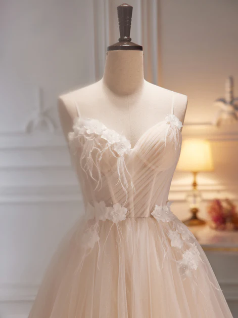 Elegant A Line Spaghetti Straps Lvory Tulle with Flowers Long Prom Dress,Evening Dress GG246